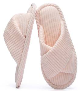 lot 8426 image: GOEWY House Slippers for Women Open Toe Fuzzy Womens Slippers Pairing with Spring tops dresses Indoor Outdoor Pink CrossBand with Corduroy Memory Foam Warm Gifts for Women Size 9 10