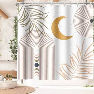 lot 8462 image: VAVBYE Mid Century Boho Shower Curtain for Bathroom Modern Bohemian Abstract Shower Curtain Waterproof Arch Moon Modern Minimalistic Geometric Leaves Bath Curtain, Yellow