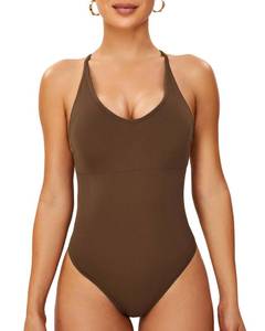 lot 8467 image: SONGSKY Bodysuits for Women Sleeveless Sexy Casual Thong Bodysuit (2985 Brown L)