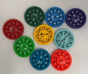 lot 8468 image: Math Teaching Clock Set 8 Piece Colored Clocks
