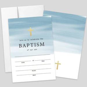 lot 8470 image: AEHIE 20 Sets Baptism Baby Shower Party Shaped Fill-In Invitations With Envelopes, Blue Gold Cross Bautizo Invitations Cards for Boys, Christening First Holy Communion Party Invites