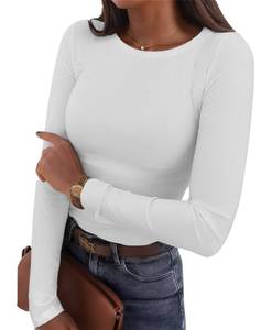 lot 8477 image: Womens Long Sleeve Shirts 3 Packs Slim Fit Stretch Crewneck Ribbed Tops Undershirt Tees Basic Tunic White - medium