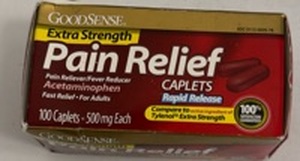 lot 8493 image: Goodsense Extra Strength Pain Relief Acetaminophen Caplets 500 Mg 100 Ct 102025