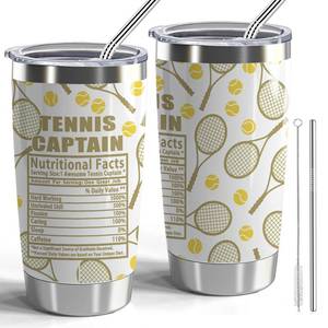 lot 8567 image: CWEGSJ Tennis Captain Gift, 20oz Stainless Steel Tumbler with Lid and Straw (Tennis-Nutrition Facts) - Retail $19