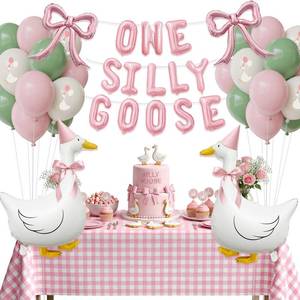 lot 8589 image: One Silly Goose 1st Birthday Table Decorations Girl - Goose Balloons with Pink Bow, ONE SILLY GOOSE Foil Banner & Gingham Tablecloth, Cute Baby Girl Birthday Party Decor - Retail $20