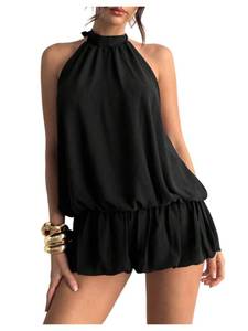 lot 8606 image: Floerns Women Backless Sleeveless Ruffle Bubble Hem Mesh Halter Mini Dress - Retail $40