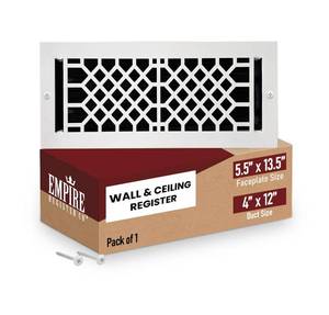 lot 8619 image: Empire Register Co Vent Cover - 4x12 Inches Wall & Ceiling Air Vent Covers, Heavy Duty Antique Style 4x12 Duct Opening White Finish with Steel Damper Attached, Easy Installation (Not for Floor Use) - Retail $33