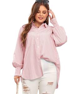 lot 9110 image: LALAGEN Womens Plus Size Oversized Long Sleeve Button Down Shirt Modest Smocked Cuffed Loose Shirts Blouse with Pockets Stripe Pink 3X