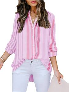 lot 9115 image: Mutitop Womens Button Down Shirts Striped Dress Shirts Long Sleeve Textured Blouse Collared Work Office Top Casual Tunic - Pink Strip 2XL