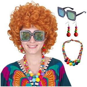 lot 7694 image: ColorGround Short Curly Orange Red Wig with Necklace Earrings Sunglasses for 70s Costumes Themed Party - Retail $22