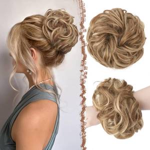 lot 7695 image: FESHFEN Large Messy Bun Hair Piece - Wavy Synthetic Chignon Scrunchies Elastic Ponytail Hair Extensions Thick Hairpieces for Women, Sunkissed Highlights 1.94oz