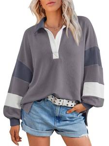 lot 8053 image: AUTOMET Fall Tops for Women Oversized Long Sleeve Shirts Color Block Fashion 2025 y2k Tees Knitted Pullover Sweaters Grey - M