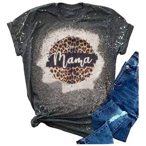 lot 8065 image: Mama Vintage Bleached T-Shirt Women Funny Leopard Graphic Mama Shirt Tee Casual Short Sleeve Letter Print Mom Tee Tops (Dark Gray, M)