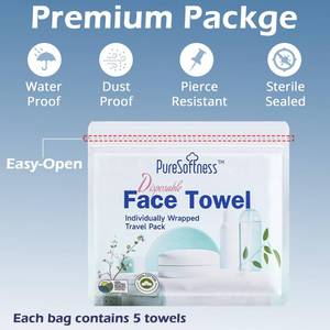 lot 8066 image: PureSoftness Travel Pack Disposable Face Towel, Individually Packed Each Re-sealable Bag Contains 5 Dry Towels, Makeup Remove and Face Wash, Business Trip, Camping, Fitness, Yoga (1 Pack, 5 Towels)