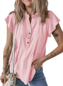 lot 8079 image: SHEWIN Womens Fashion 2025 Casual Button V Neck Work Shirts Trendy Ruffle Sleeve Top Summer Ladies Tops and Blouses Light Pink - L