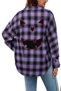 lot 8273 image: Halloween Shirt Women Pumpkin Face Shirt Funny Button Down Flannel Plaid Long Sleeve Tops Fall Clothes Outfits - Retail $20