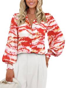 lot 8282 image: PRETTYGARDEN Womens Button Down Shirt V Neck Printed Long Sleeve Blouses Dressy Casual Fall Boho Tops (Brick Red, Medium)