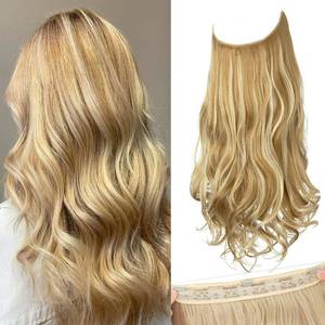 lot 8290 image: SARLA Invisible Wire Hair Extensions with 3 Clips Short Synthetic Wavy Curly Hairpiece Adjustable Transparent Headband for Women 14 Inch Honey BlondeBleach Blonde Highlights