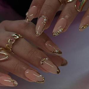 lot 8294 image: French Tip Press on Nails Medium Almond Fake with Pearl Designs 3D Gold Edge False Glossy Nude Glue Acrylic Reusable Stick for Women Manicure 24Pcs (Gold-12, Nails-12)