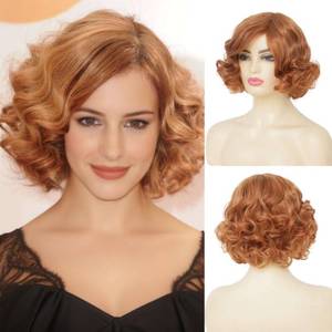 lot 8315 image: Amnenl Short Blonde Curly Wigs for Women Honey Blonde Side Part Synthetic Wig Cosply Daily Halloween Wigs