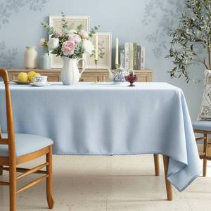 lot 8321 image: RUSTIQUE LINENS Cotton Tablecloth 60 x 60 Inch Square - Sky Blue Table Cloth with Embroidered Edge Trim - Table Cover for Dining Room, Farmhouse, Kitchen, Home, Party & Wedding D�cor