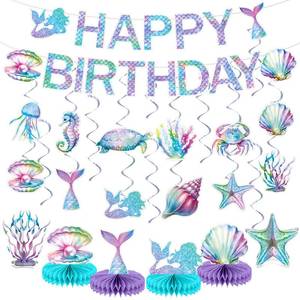 lot 8325 image: Mermaid Birthday Decorations Mermaid Party Honeycomb Centerpieces, Hanging Swirls Happy Birthday Banner Kit Ocean Mermaids Cutouts for Kids Under The Sea Baby Shower Party Supplies