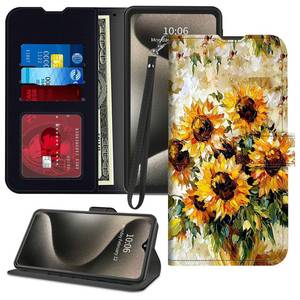 lot 8357 image: GFRGTFHYT for iPhone 16 Phone Case 6.1 Wallet with Credit Card Holder Wrist Strap PU Leather RFID Blocking Magnetic Flip Kickstand Card Slots Case Cover for iPhone 16 2024, Watercolor Sunflowers