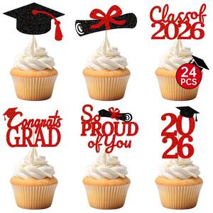 lot 8358 image: 24 Pcs Graduation Cupcake Toppers 2026 - Congrats Grad Decorations Class of 2026, Pre-Assembled Red Black Grad Cake Topper Centerpieces for Graduation Party Decoration Supplies Table Decor, 6 Styles