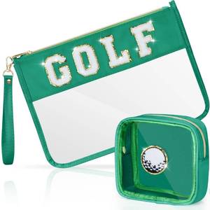 lot 8372 image: BuyCard 2 Pcs Golf Gifts Cosmetic Makeup Bag with Chenille Letter Patch, Clear Pouch PVC Organizer Purse, Waterproof Travel Bag, Portable Toiletry Storage Bag for Her Girls Friends Women
