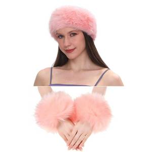 lot 8521 image: Fancylovesotio 2 Pieces Faux Fur Headband Arm Warmers Wrist Cuffs Earmuff Ear Warmer for Cold Weather Furry Costumes (Pink)