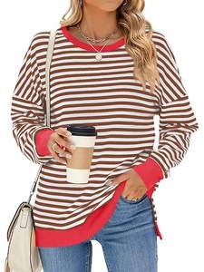 lot 8522 image: Fisoew Womens Casual Striped Sweatshirt Color Block Long Sleeve Side Slit Loose Shirt Pullover Fall Tops Light Brown