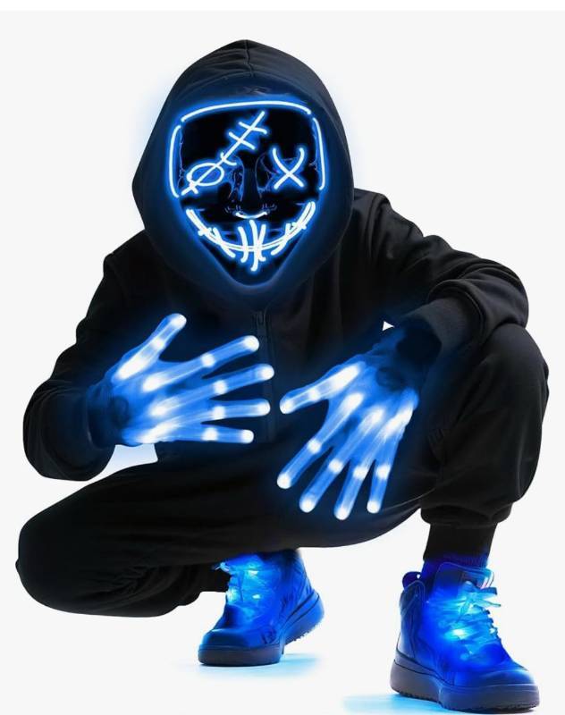 lot 19047 image: LED Mask Gloves Shoelace Set, Red & Blue Halloween Costume Rave Cosplay Kit Light up Red or Blue Glow Set, Soft PVC Mask, Stretchy Polyester Gloves & Laces, for Raves, Clubs, and Trick-or-Treating - Retail $26