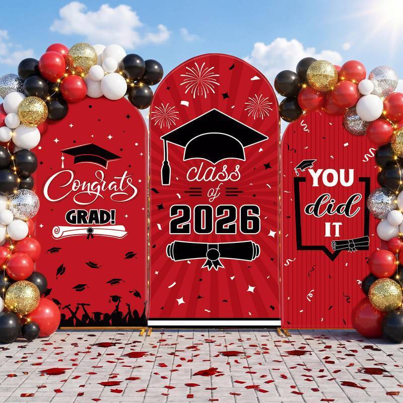 lot 19050 image: WovWeave Graduation Arch Backdrop Stand Cover Set of 3-4ft 5ft 6ft Grad Arch Cover Photo Booth Backdrop Decorations for Graduation Party Decor Supplies(Red Black,Class of 2026) - Retail $49