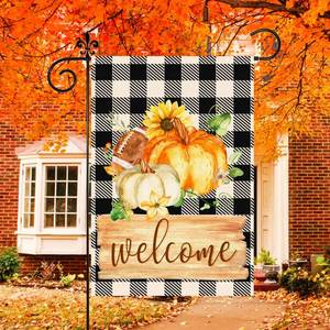lot 8755 image: Fall Garden Flag, Welcome Fall Garden Flags 12x18 Double Sided, Autumn Pumpkin Soccer with Black White Stripe Burlap Vertical Small Fall Flag Seasonal Yard Signs for Outside Thanksgiving D�cor