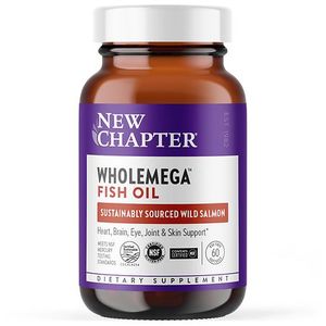 lot 8758 image: New Chapter Wholemega Fish Oil - Wild Alaskan Salmon Oil - 1000mg Softgels - 60ct Certified Gluten-Free, NSF Certified - Retail $54