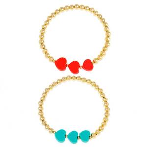 lot 8769 image: Tyebiva Valentines Day Gold Beads Couple Stack Bracelets Set for Women, 2Pcs Trendy Boho Handmade Mint Green Red Three Love Heart Outfit Festive Friendship Bracelet Jewelry Gift.