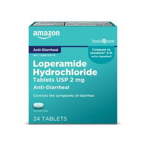 lot 8770 image: Amazon Basic Care Loperamide Hydrochloride Tablets, 2 mg, Anti-Diarrheal, 24 Count (Pack of 1)