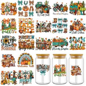 lot 8773 image: 20 Pcs Fall Western UV DTF Cup Wrap Transfers for 16 oz Glass Cups