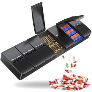 lot 8799 image: Weekly Pill Organizer, Portable Medicine Pill Container, Big Compartments Travel Pill Organizer, Daily Pill Case for Vitamins, Fish Oils or Supplements, BPA-Free Pill Box, Black - Retail $22