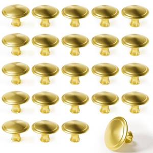 lot 8802 image: Xisakaca 24 Pcs Gold Cabinet Knobs, Zinc Alloy Brushed Brass Round Vintage Drawer Pulls Hardware for Kitchen Closet, Cupboard, Dresser and Wardrobe Doors