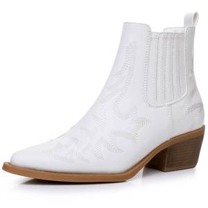 lot 8806 image: GLOBALWIN Womens White Cowgirl Boots Slip-On Chelsea Ankle Booties Western Cowboy Boots For Women Size 9M - Retail $40