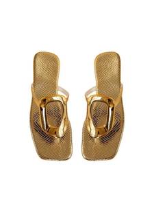 lot 8809 image: GORGLITTER Womens Gold Flip Flops Flat Sandals Open Toe Cute Dressy Slides - Retail $23