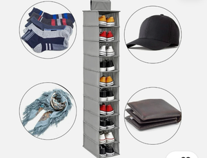 lot 8903 image: Gray Hanging Closet Organizer 10-Shelf Storage Tower