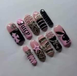 lot 8930 image: Pink black juicy bunny leopard fake nail art set
