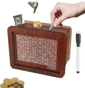 lot 9070 image: 10000 Savings Challenge Box, Cash Vault Wooden Savings Box, kakeibo Money Box, Wooden Piggy Bank Coin Bank with Counting Target, The Best Gift for Boys, Girls, and Friends (Brown)