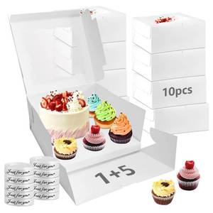 lot 15483 image: LLOERE 3 Pack Bento Cake and Cupcakes Box with Gift Ribbon, Clear Window 14 Combination Bento Boxes, 5 Holes Fit 4 Cupcake Containers and 1 Mini Cake(4-5in) for Birthday Party Baking Supplies