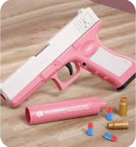 lot 15549 image: Pink and white toy gun wsilencer and bullets