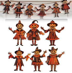lot 15553 image: Vintage Halloween Decor, 6 Pcs Wooden Pumpkin Witch and Scarecrow Ornaments8 Inch Retro Hanging Signs with Twine for Wall, Door, Mantel, Porch, Farmhouse Party and Tabletop Displays