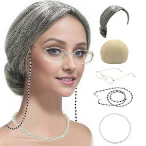 lot 9125 image: Cupohus Old Lady Costume Set Grandma Wig Granny Wig Cap Madea Granny Glasses Eyeglass Chains Cords Faux Pearl Bead Necklace Women Cosplay Set 5 Pieces (grey bun)