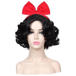 lot 9141 image: Color Ground Womens Short Black Pre-styled Curly Cosplay Costume Wig (Black(with bowknot))